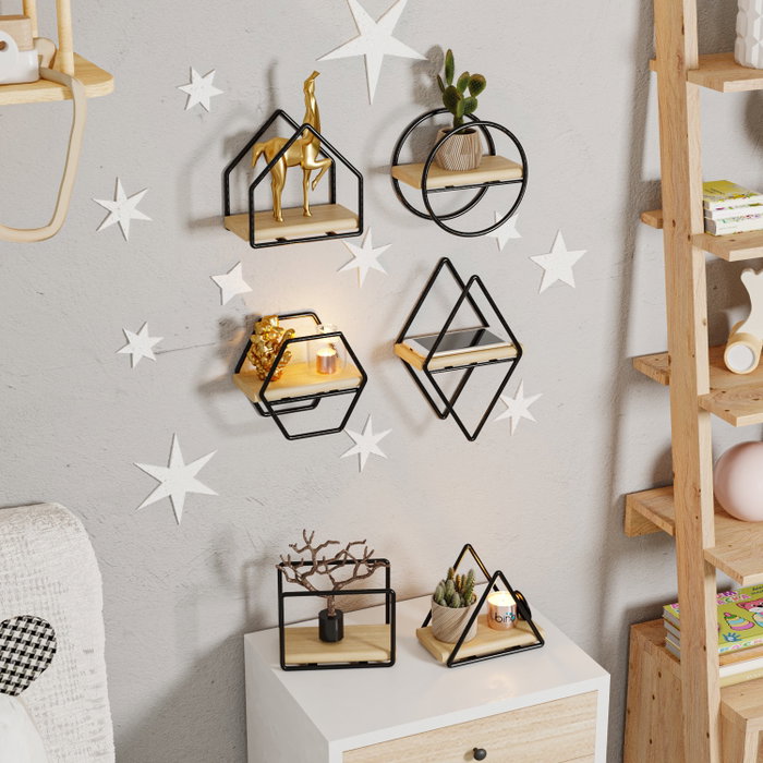 Hanah Home Set de 6 Estantes de Pared de Madera Maciza, Oro y Negro